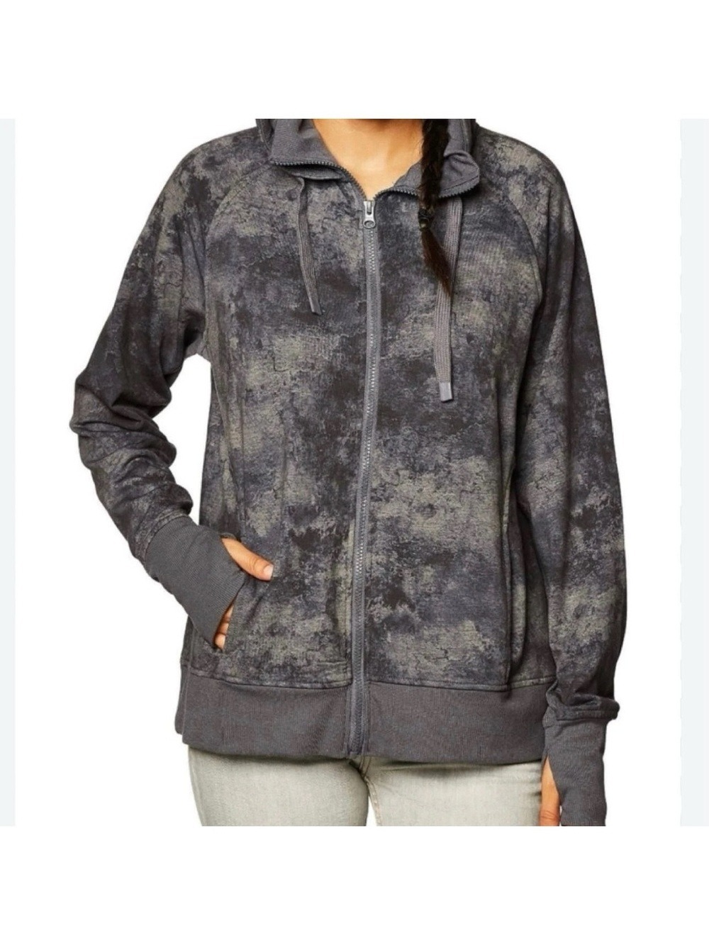 EUC-Danskin Women's Double Collar Full Zip Marble Print Hooded Pockets Jacket LG